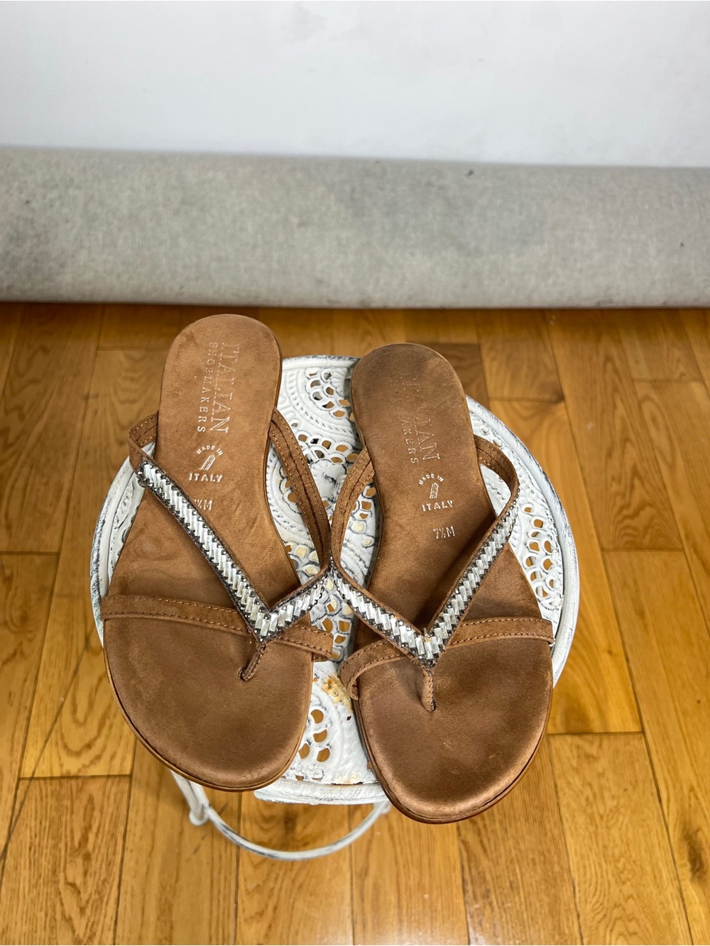 Italian Shoemakers Tan Leather Thong Sandals with Silver Trim